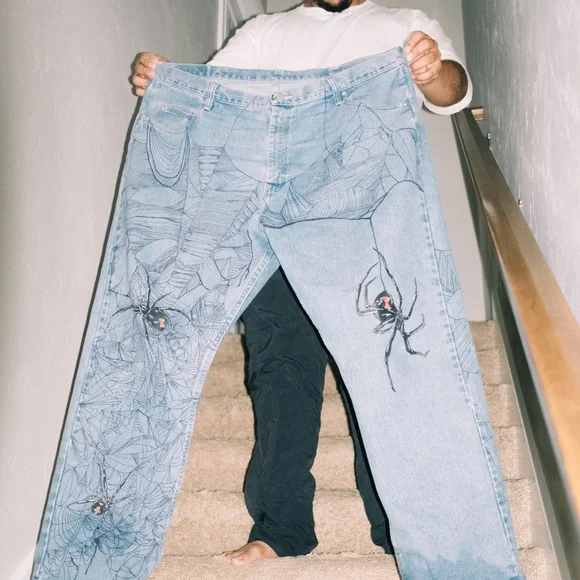 Custom Baggy Vintage Wrangler Jeans (Spider Design) 42x30